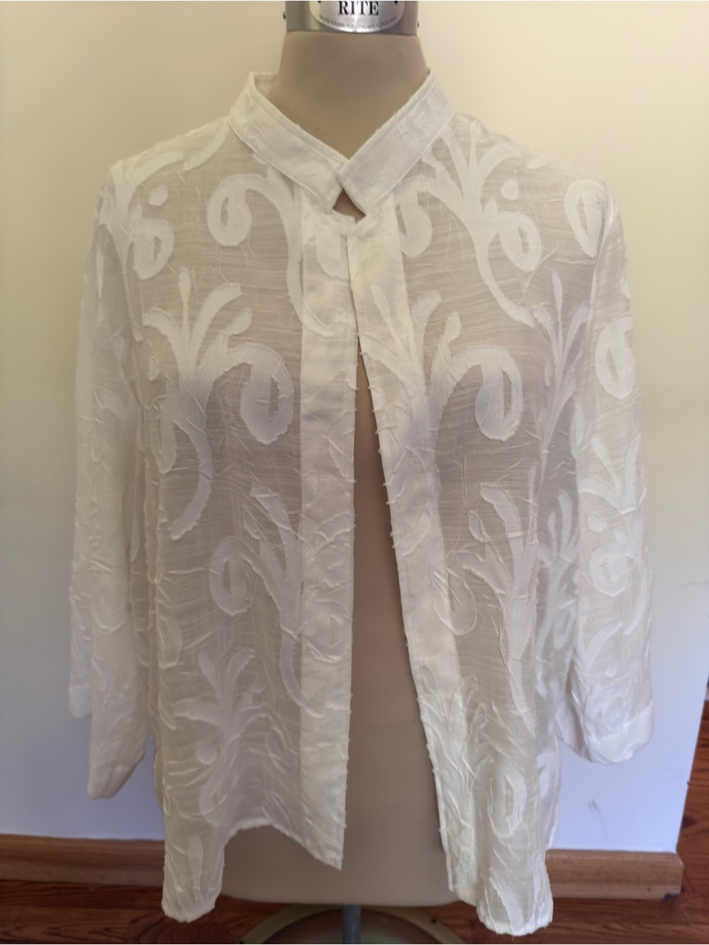 Elegant White Sheer Open Front Embroidered Women's Top #152